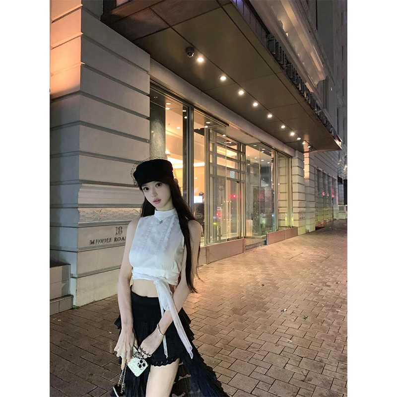 2025秋季新款韩系甜美无袖上衣高腰大摆裙蛋糕裙减龄漂亮洋气套装