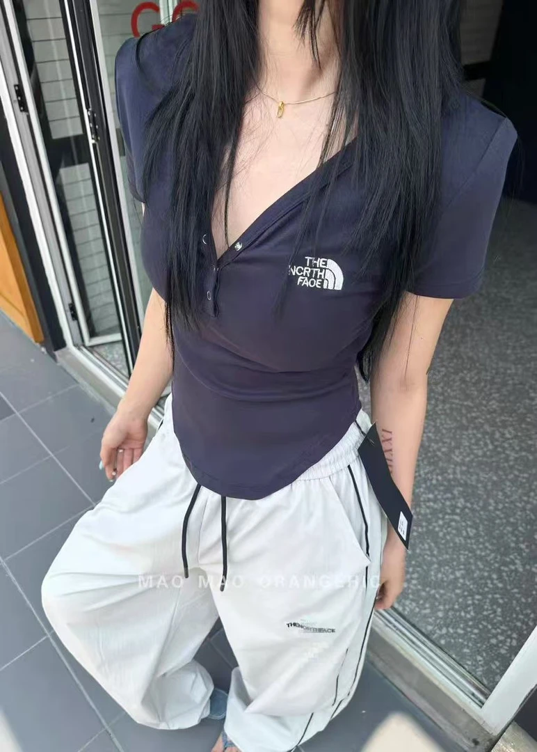 弹力V领绑带短袖短款宽松型T恤夏季纯色抽绳显瘦宽松