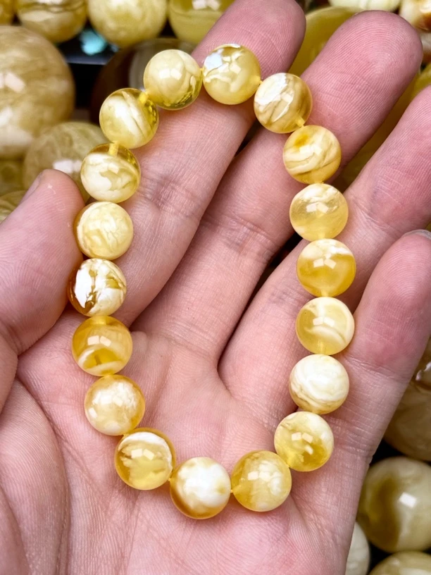 10mm俄料国矿一级料浓瓷白妖孽虎皮纹千层雪橘底金溶洞蜜蜡圆珠