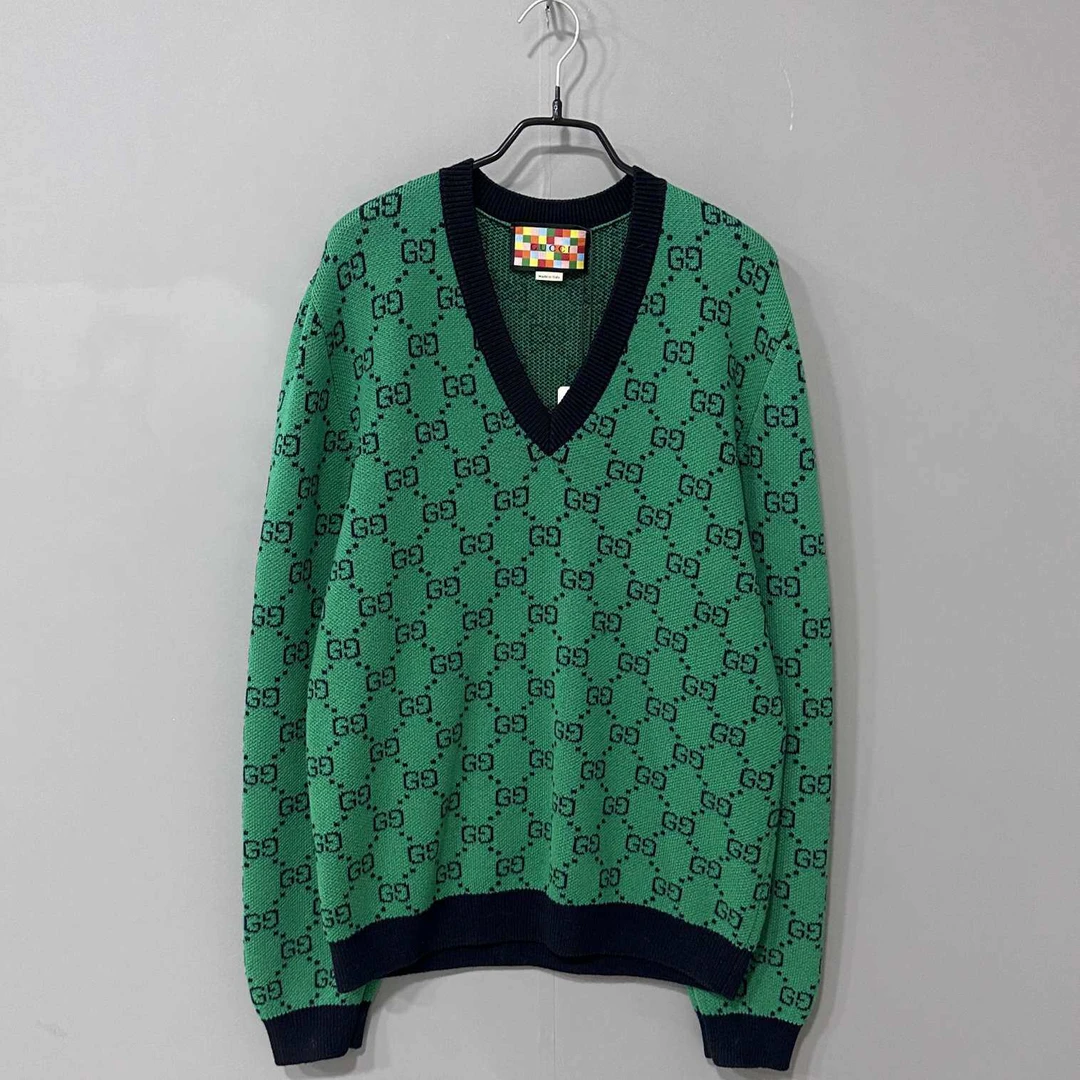 99新 GUCCI/古驰 绿色老花满印v领卫衣/99新/L码/76596
