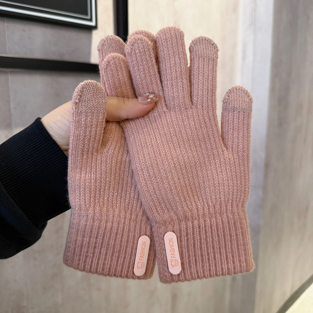 新款针织保暖手套女秋冬季防寒加厚加绒韩版骑行毛线可触屏五指男
