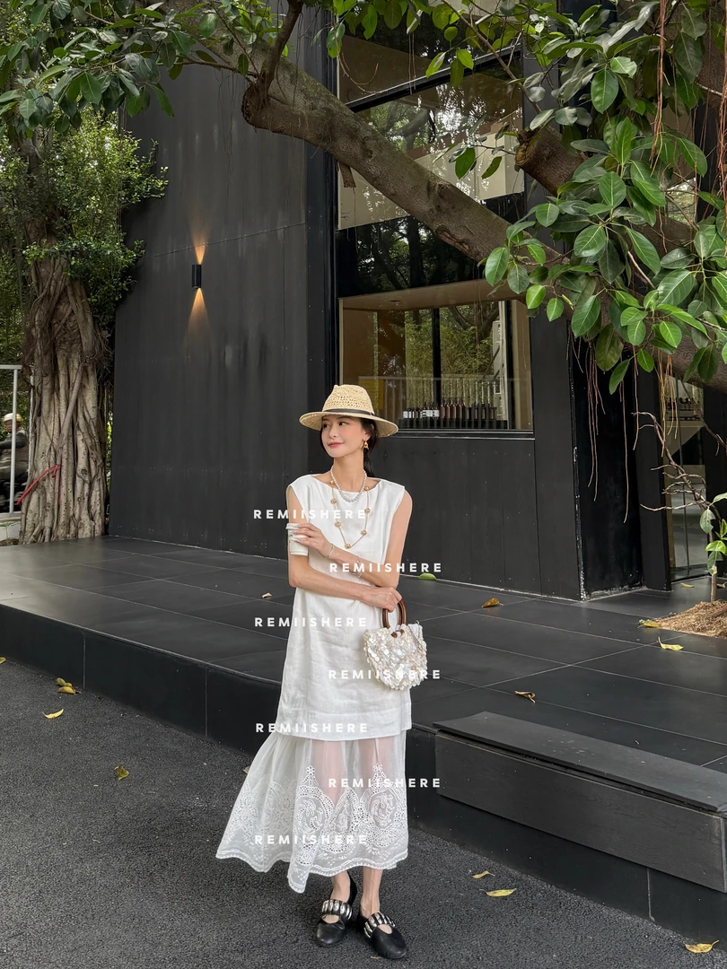 Remiishere.“松弛高知”100亚麻圆领拼蕾丝老钱松弛感连衣裙RH313
