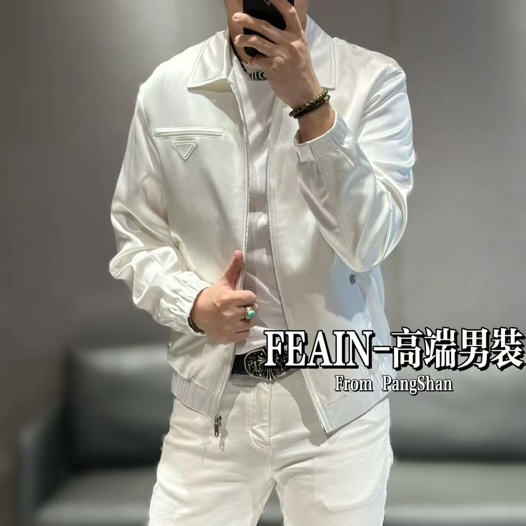 高端男士进口醋酸简约老钱风三角标设计男士春款夹克5227