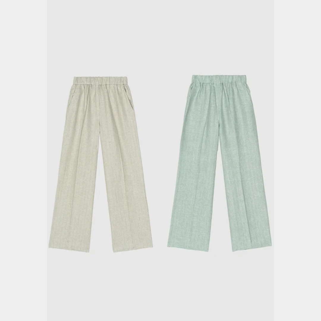 2025年法式气质设计感夏季新款极简风蓝色麻色净版休闲裤子【嘉静】