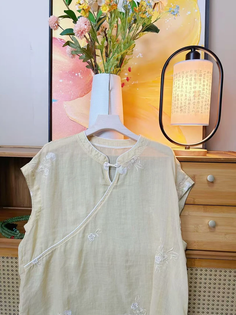 麻风小筑【扶摇】绣花印花常规款中国风无袖衬衫复古百搭短袖刺绣
