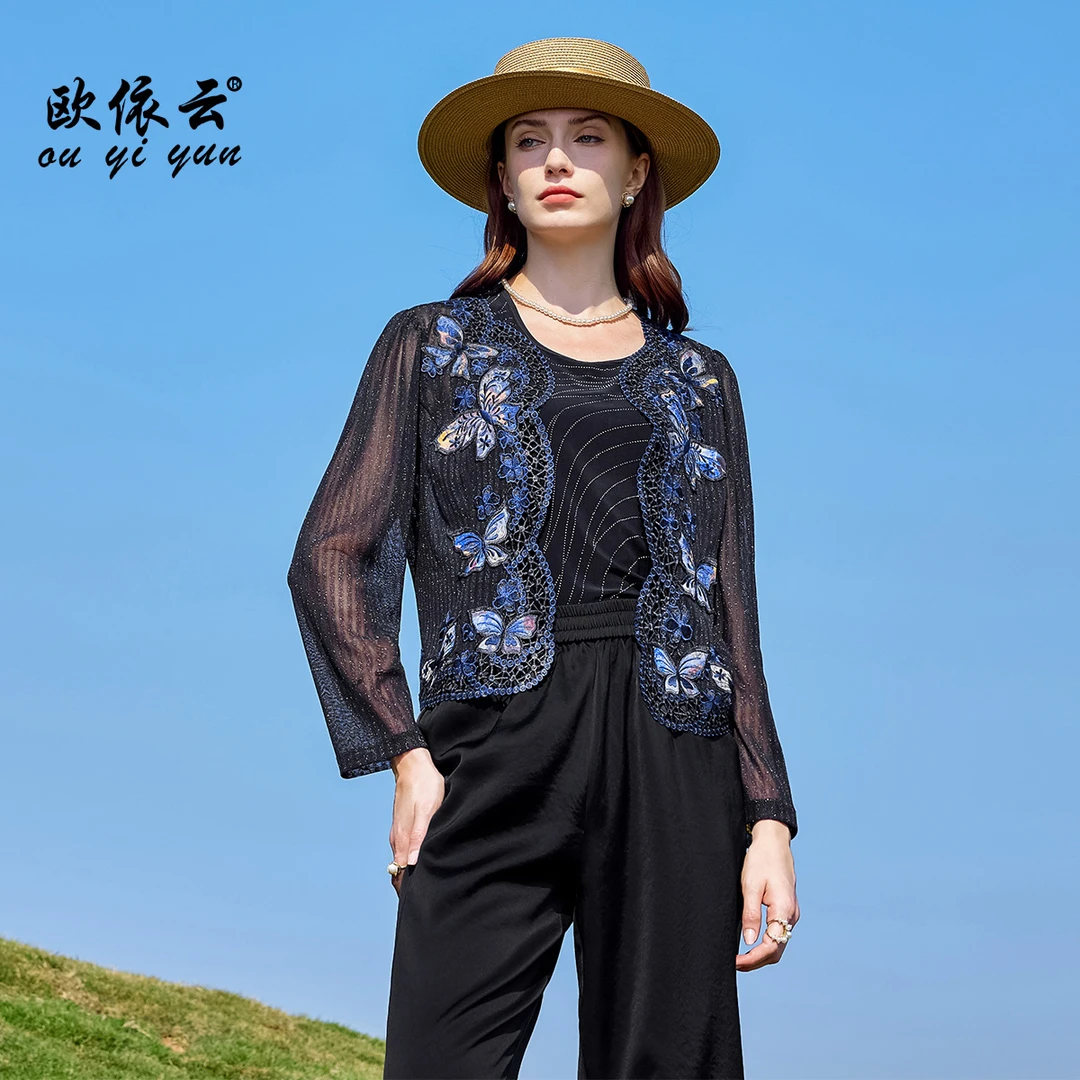 50509欧依云夏装网纱短外套长袖上衣中年女洋气开衫薄外搭显瘦