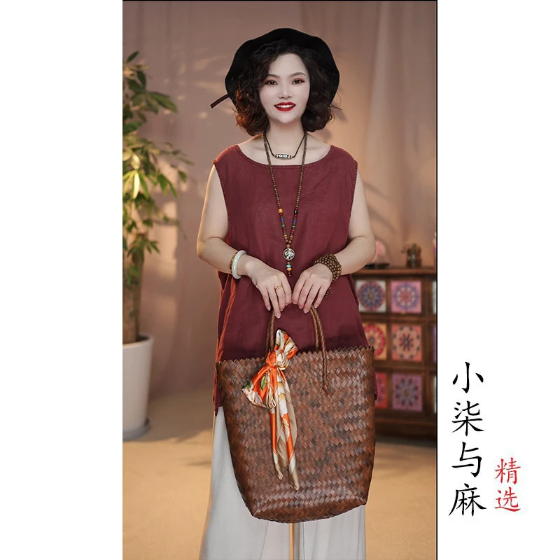 【小柒与麻】夏季亚麻无袖背心（衣长66胸围120）酒红色