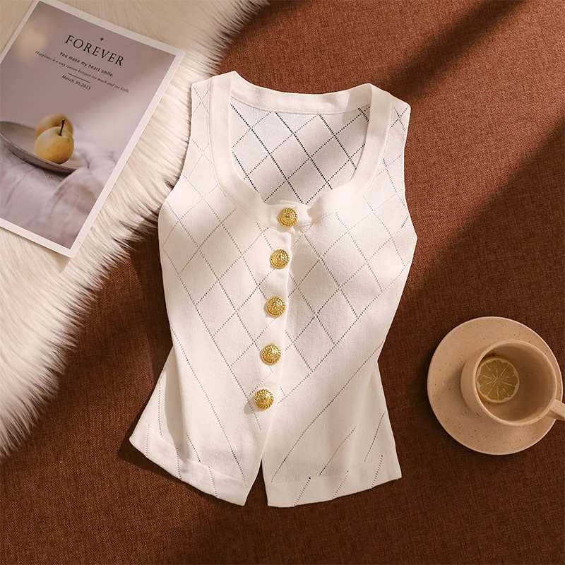 小香风菱格无袖针织吊带背心女夏外穿高级感小众金扣打底抹胸上衣