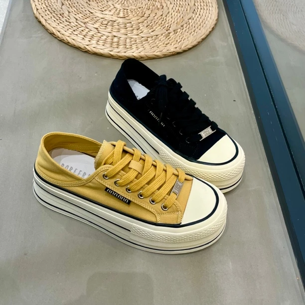 女鞋休闲鞋板鞋女子厚底增高帆布鞋系带夏季可踩跟  345-346