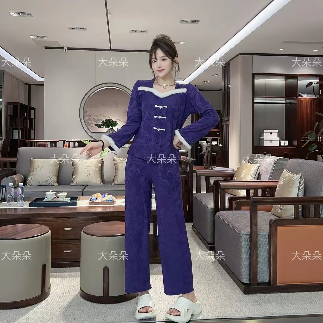 高颜值提花长袖睡衣套装女秋冬保暖可外出家居服