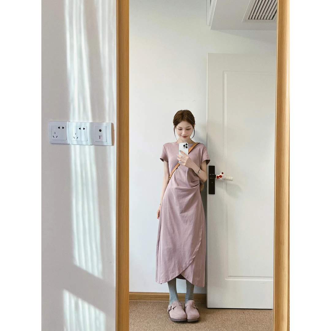 茶歇法式t恤连衣裙女装夏季新款2025时尚高级感收腰褶皱粉色长裙