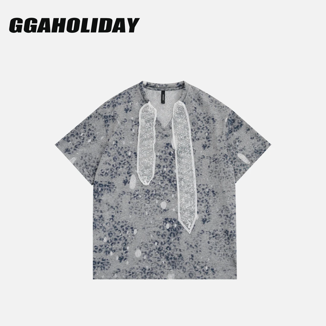 GGAHOLIDAY复古宽松休闲美式街头高街潮流设计感短袖T恤-153041
