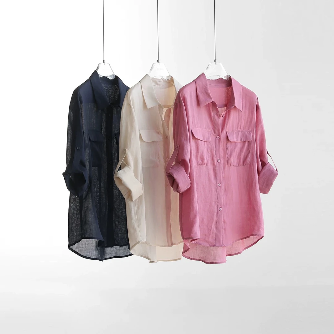 绝美粉！纯天然苎麻宽松翻领卷边袖长袖衬衫防晒衫女夏