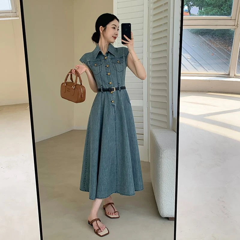 蓝色牛仔连衣裙裙子夏季女2025夏新款法式复古收腰显瘦小飞袖长裙
