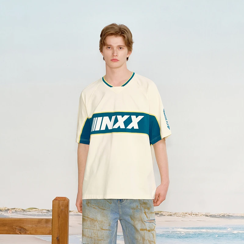 【INXX】冰球运动款短袖T恤插肩袖字母撞色印花情侣款XRF2010986