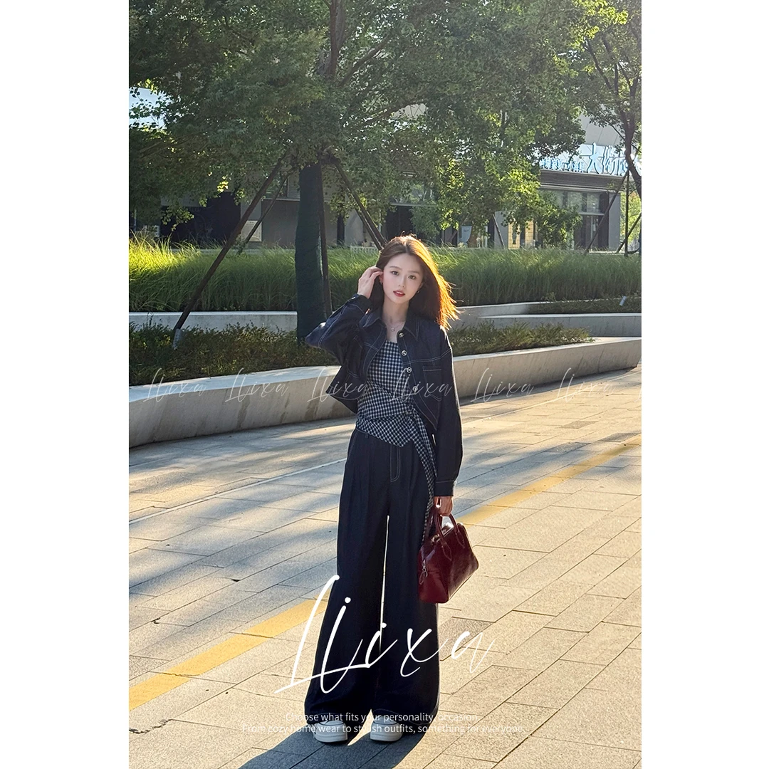 【雨薇】秋季新款外套格子绑带配高腰阔腿裤三件套Y53TZM9038