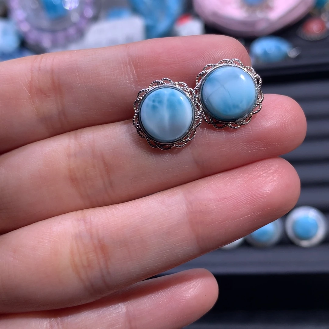 针钠钙石（海纹石）银S925镶嵌耳钉蛋面耳钉色差略异