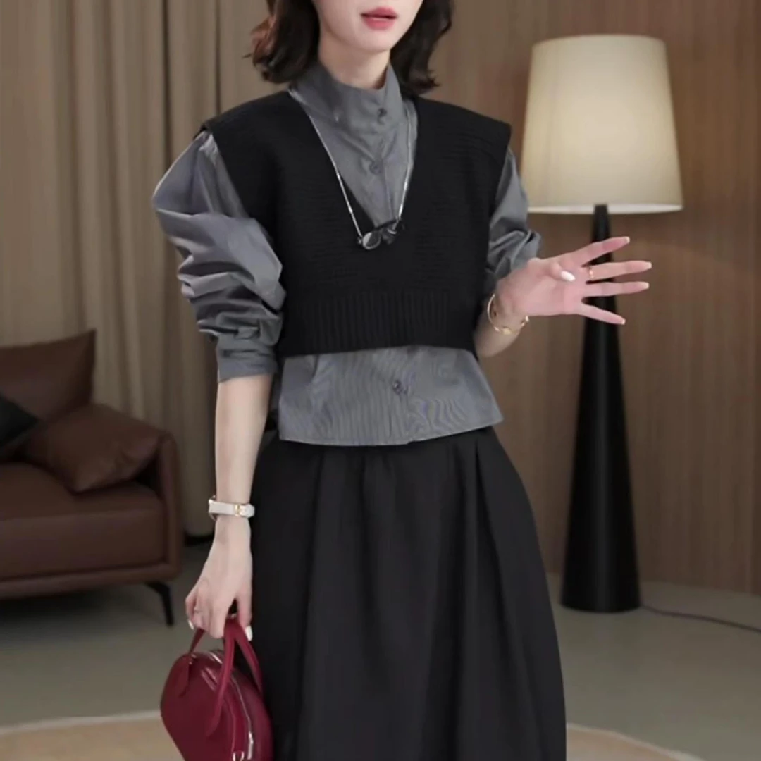 早秋新款休闲韩版日常三件套装洋气百搭马甲+条纹衬衫+半身裙套装