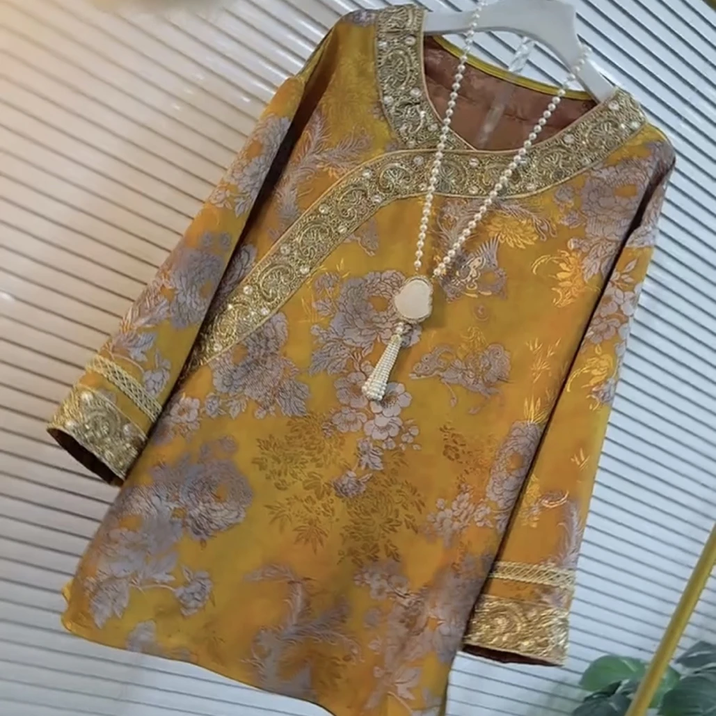 太太服长袖常规款拼接V领秋季斜襟宽松型大码衬衫圆领提花新中式M