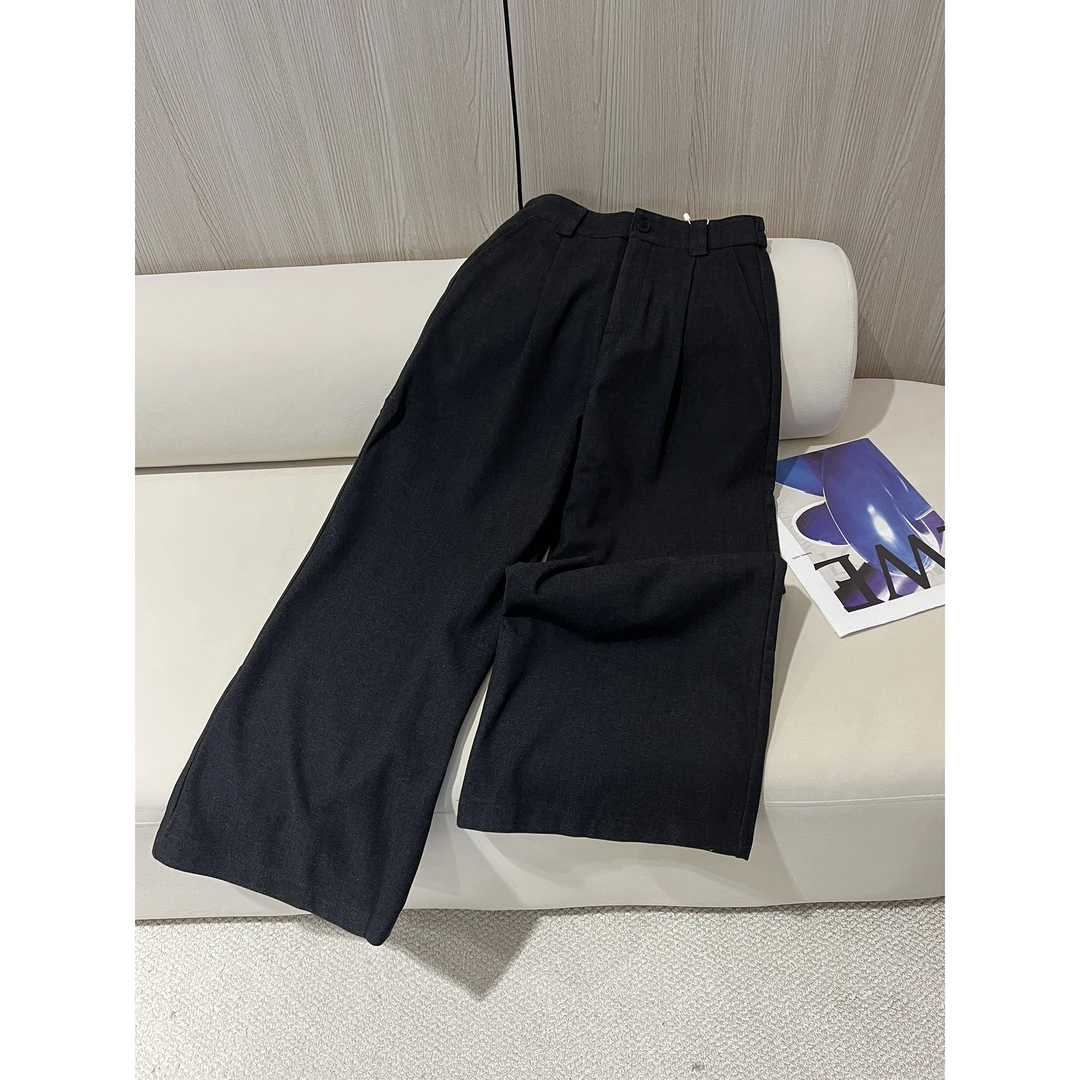 后松紧腰深灰色毛呢西裤89669