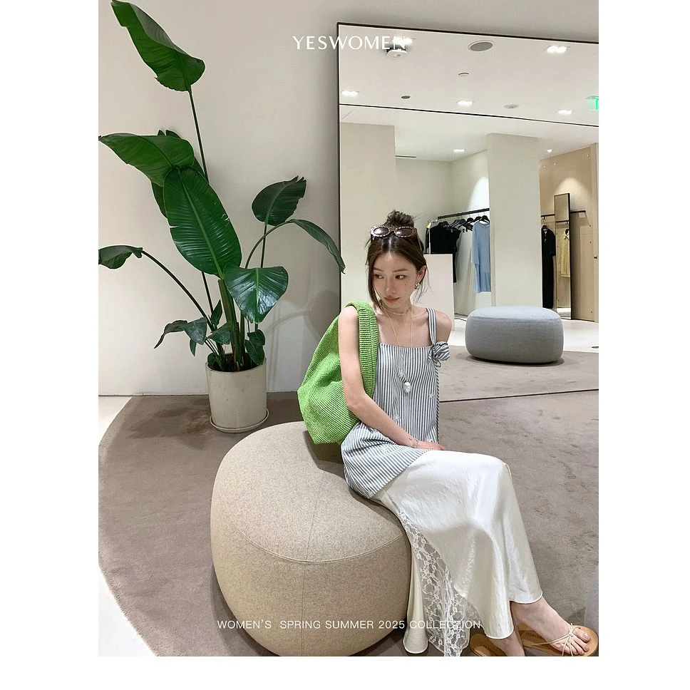 YESWOMEN条纹珠片绣花吊带搭配光泽感蕾丝拼接配衬裙XYF7253D3817