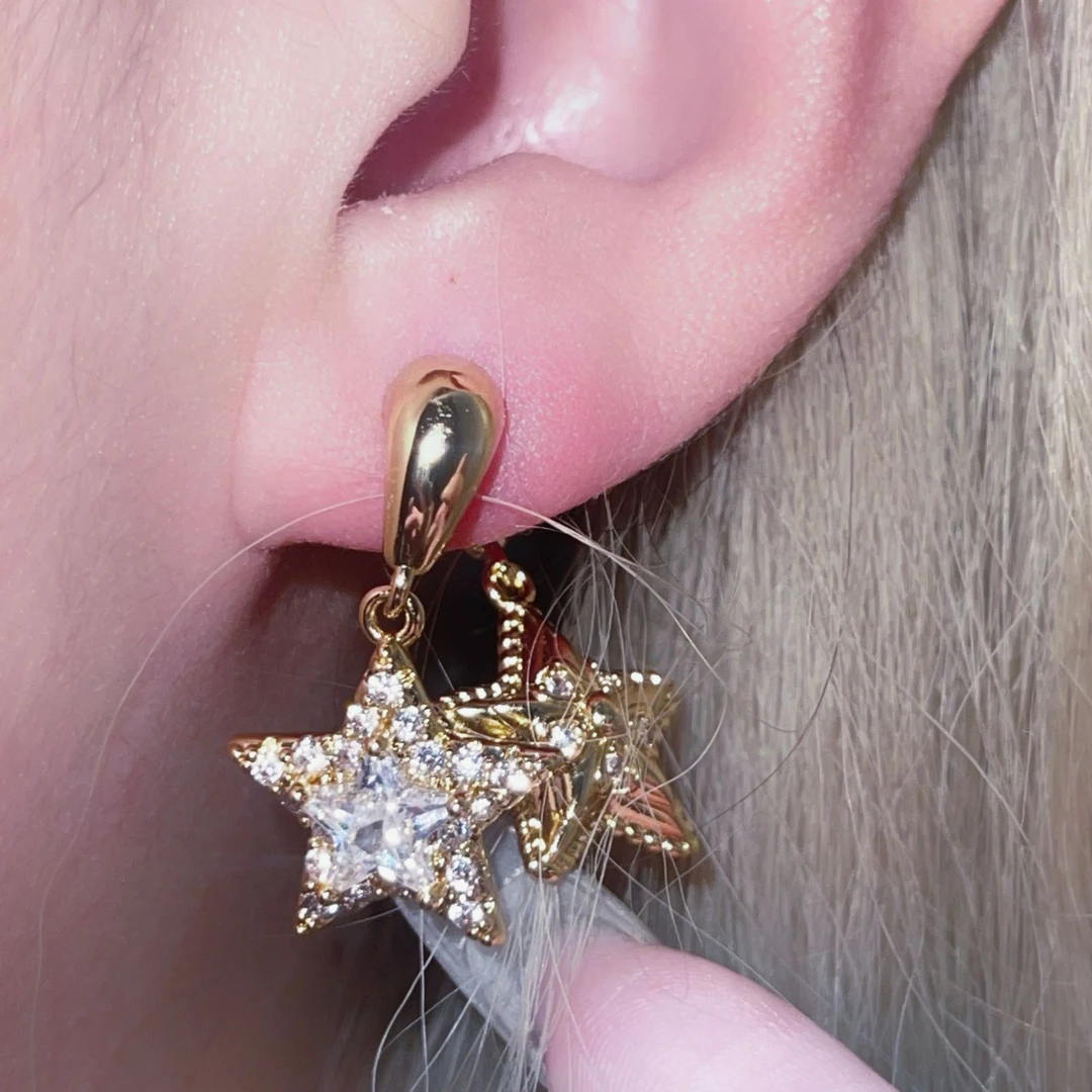 铜合金锆石耳饰 时髦精必备双面前后星星满钻爆闪耳环耳钉E857