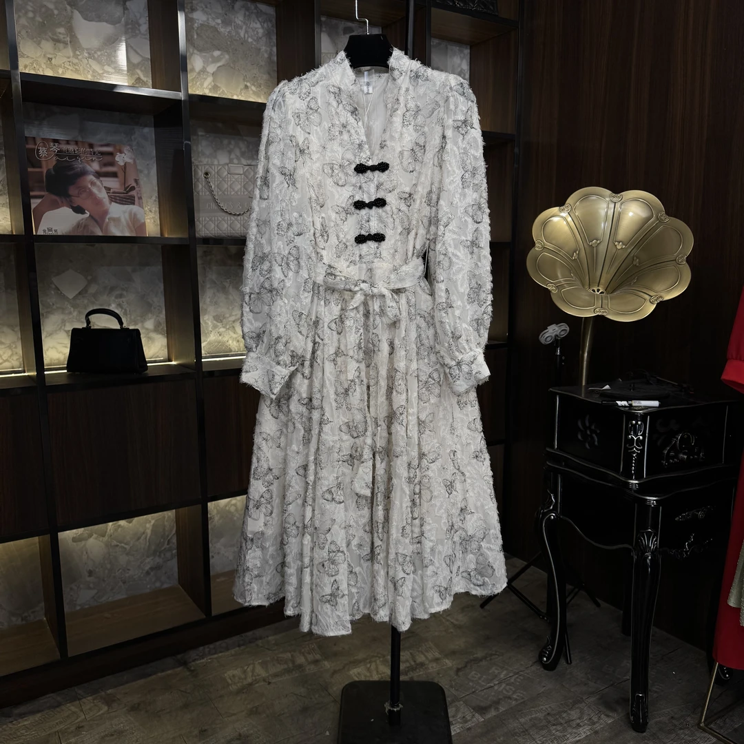 【花飞蝶舞】{菜菜}法式温柔蝴蝶印花绑带气质设计师连衣裙-83131