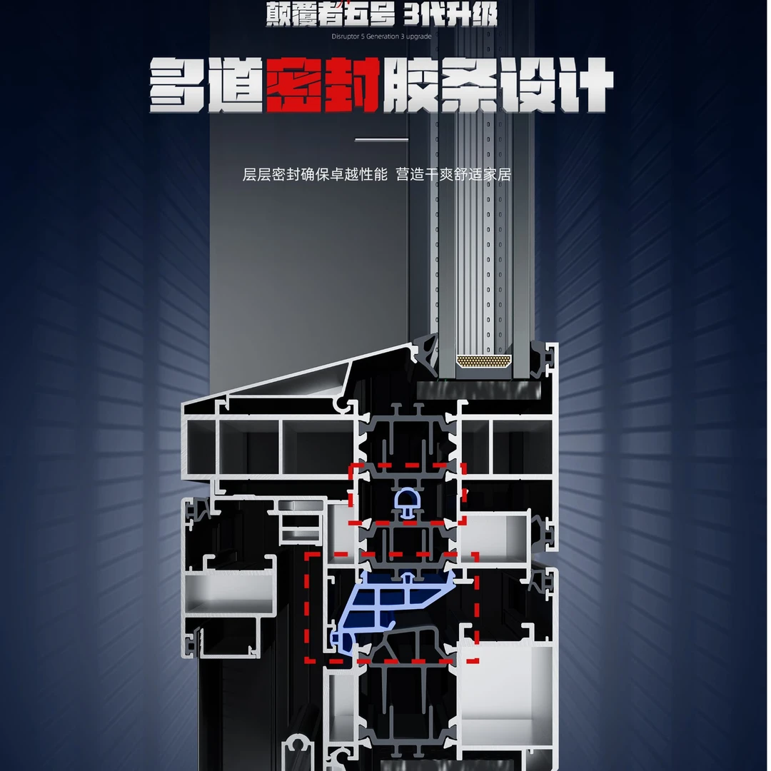 雷班门窗颠覆者5号115系列，多道密封设计，闭口压线，外开窗