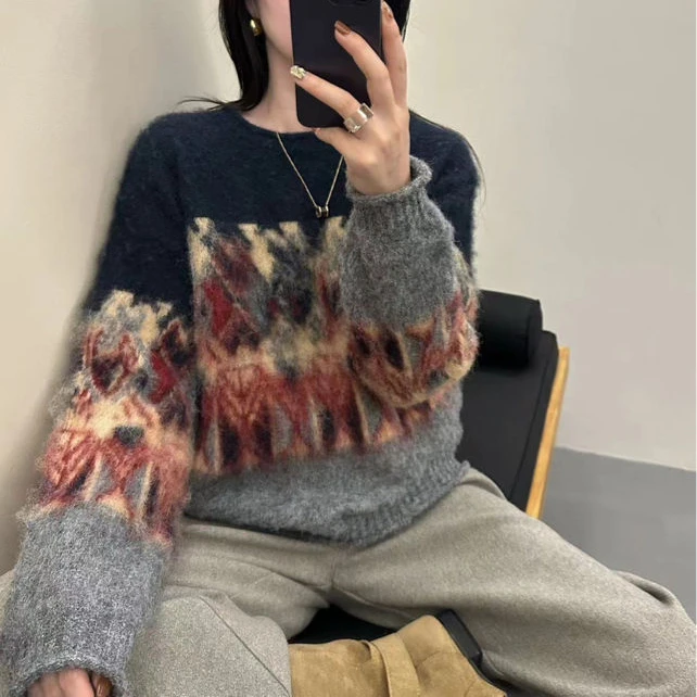 费尔岛爱心提花毛衣2025年秋冬时尚洋气圆领套头宽松显瘦针织衫女