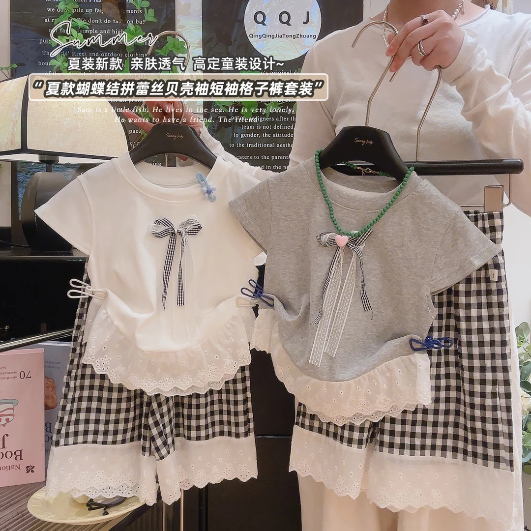 新款蝴蝶结女童夏季a类韩版洋气时髦爆款阔腿裤长款格子两件套1