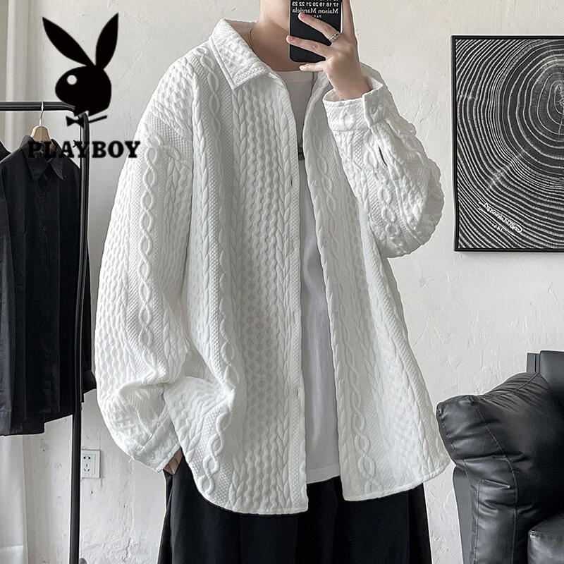 花花公子春季新款立体麻花翻领衬衫男韩版潮流衬衣外套