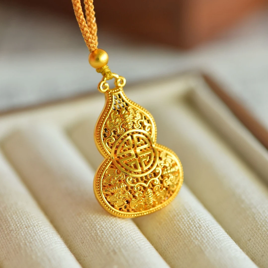 合金吊坠 古法花丝镂空扁葫芦福禄吉祥吊坠项链毛衣链女款