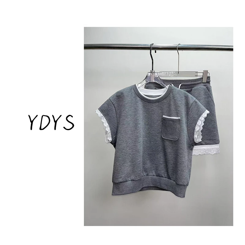【YDYS】25U00021 2025新款时尚气质小众蕾丝边短裤短袖套装