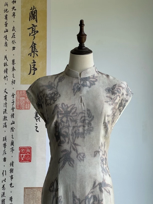 三小姐｜沉香记118cm夏新款素雅温婉新中式印花复古镂空改良旗袍