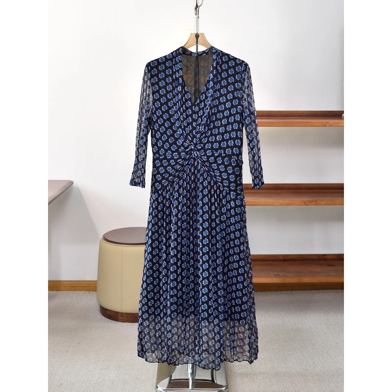 【玛利亚蓝】春季新品 桑蚕丝双层网眼收腰连衣裙