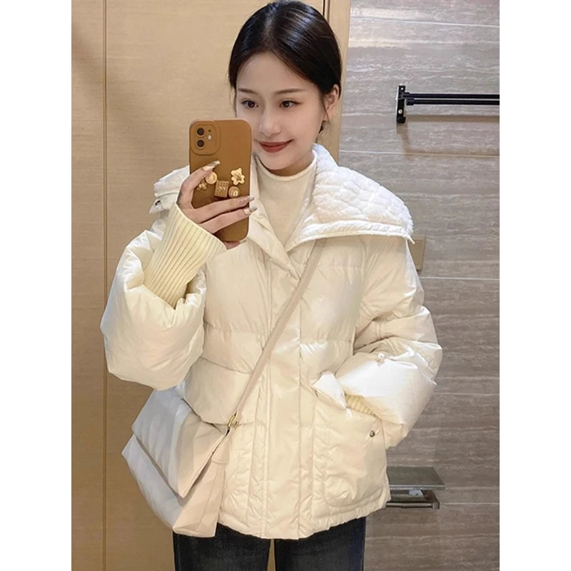 YBN7885秋冬2025新款棉衣女短款白色大翻领宽松显瘦小香风外套