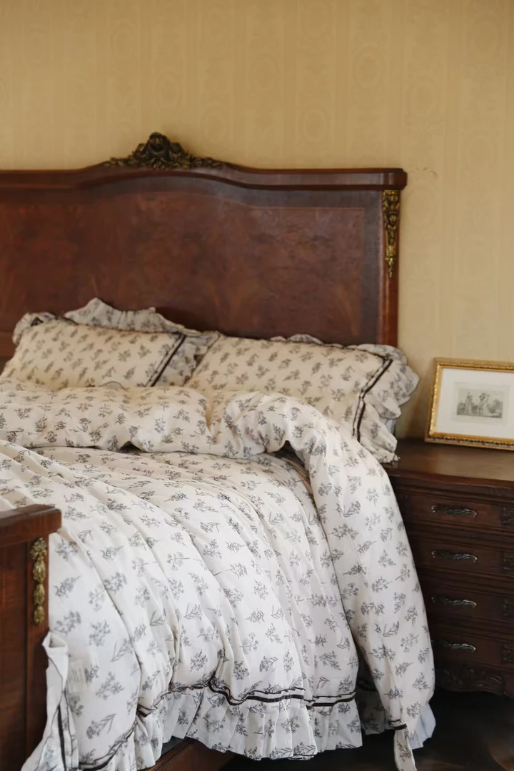 法式复古双层纱纯棉床上四件套碎花荷叶边设计