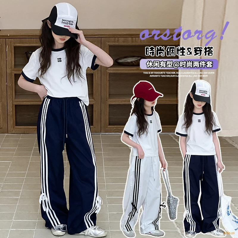 女休闲风字母夏季薄款初中生女女童网红套装夏装休闲阔腿女孩炸街