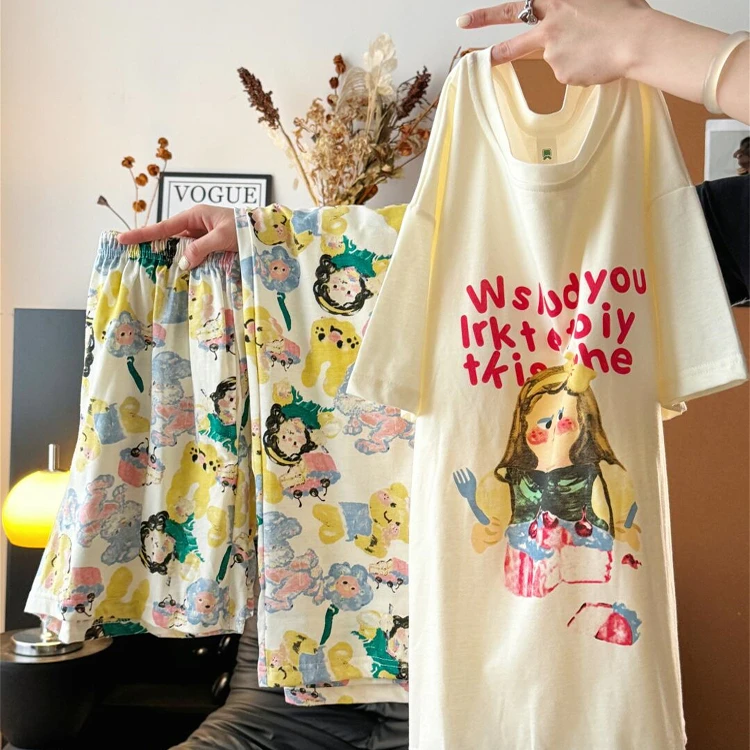 【DMXJ大梦想家】甜美卡通印花睡衣女夏款带胸垫休闲长裤家居服套装