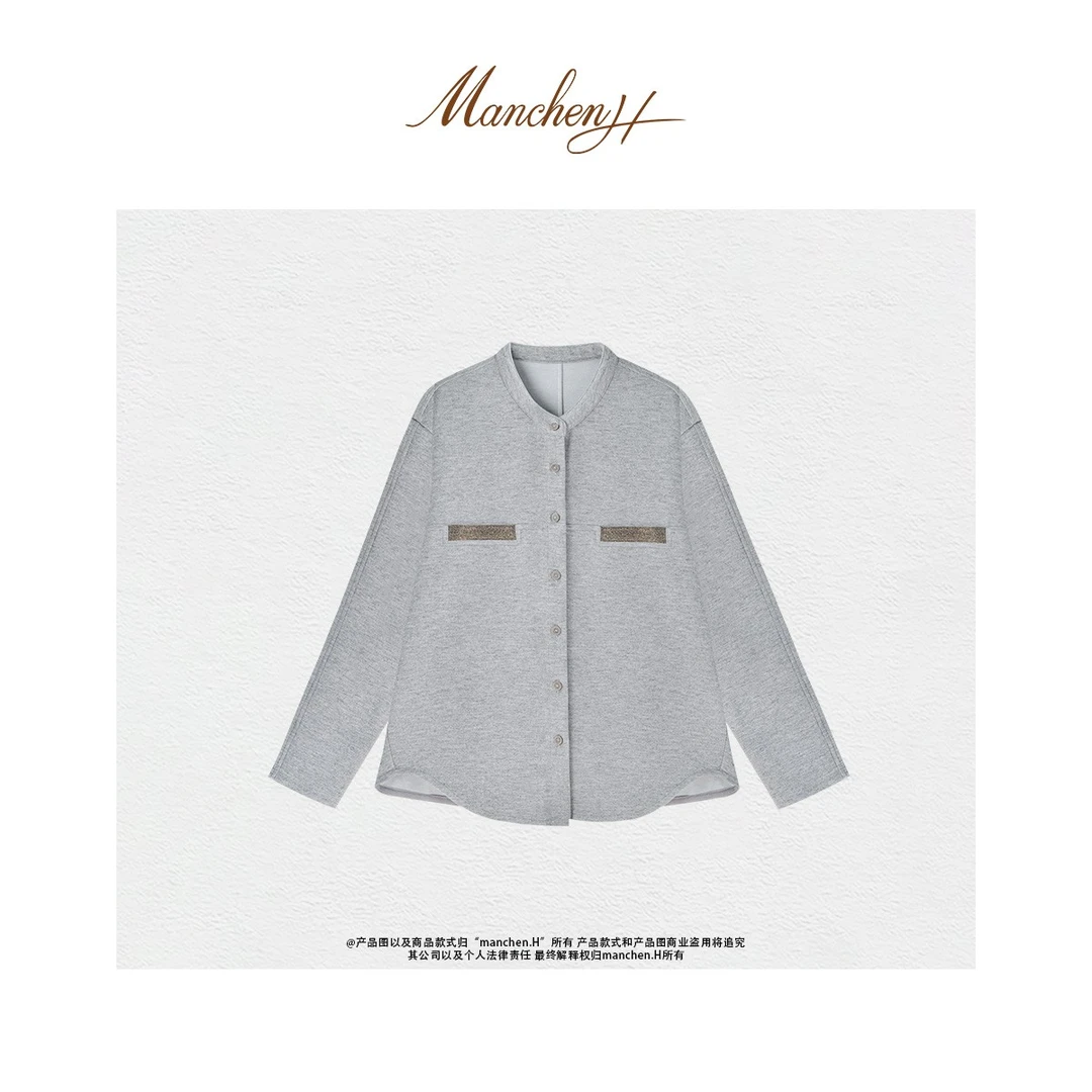 曼辰manchenh"风轻云淡"进口定制面料羊毛混纺手工钉珠外套