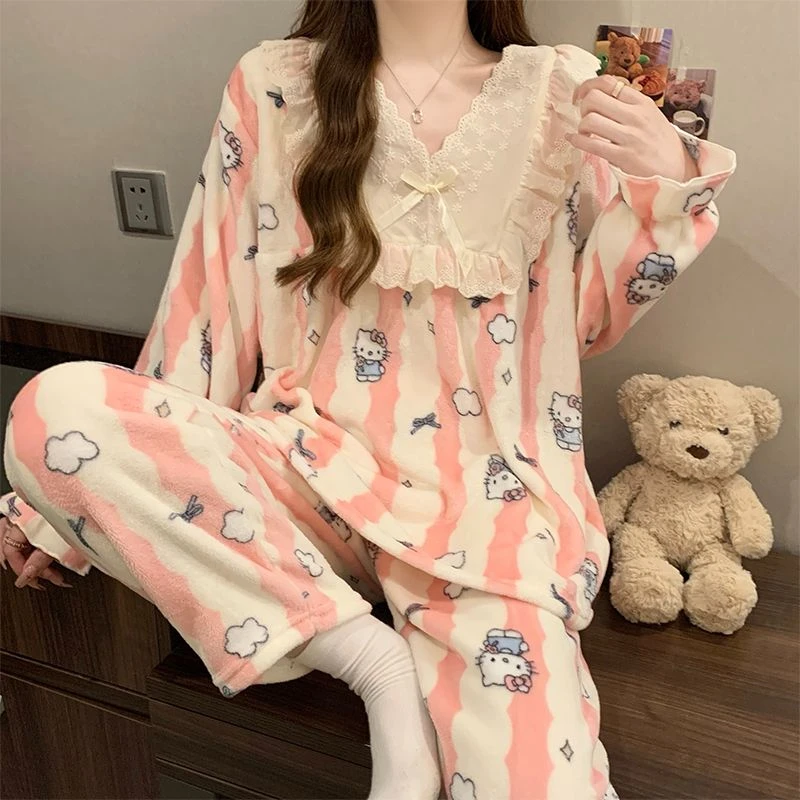 珊瑚绒睡衣女秋冬季保暖加厚可爱外穿套装法兰绒公主风家居服猫咪