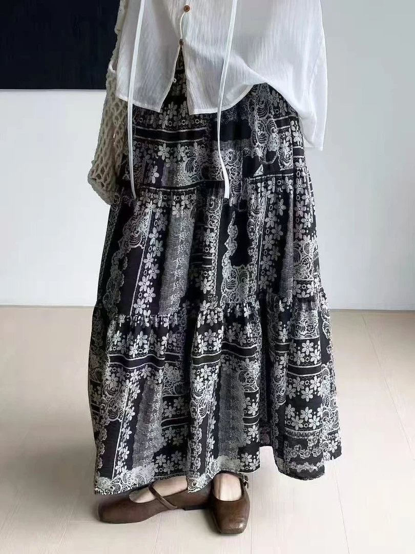 复古文艺印花半身裙2025新款民族风晕染波西米亚高腰长裙2346