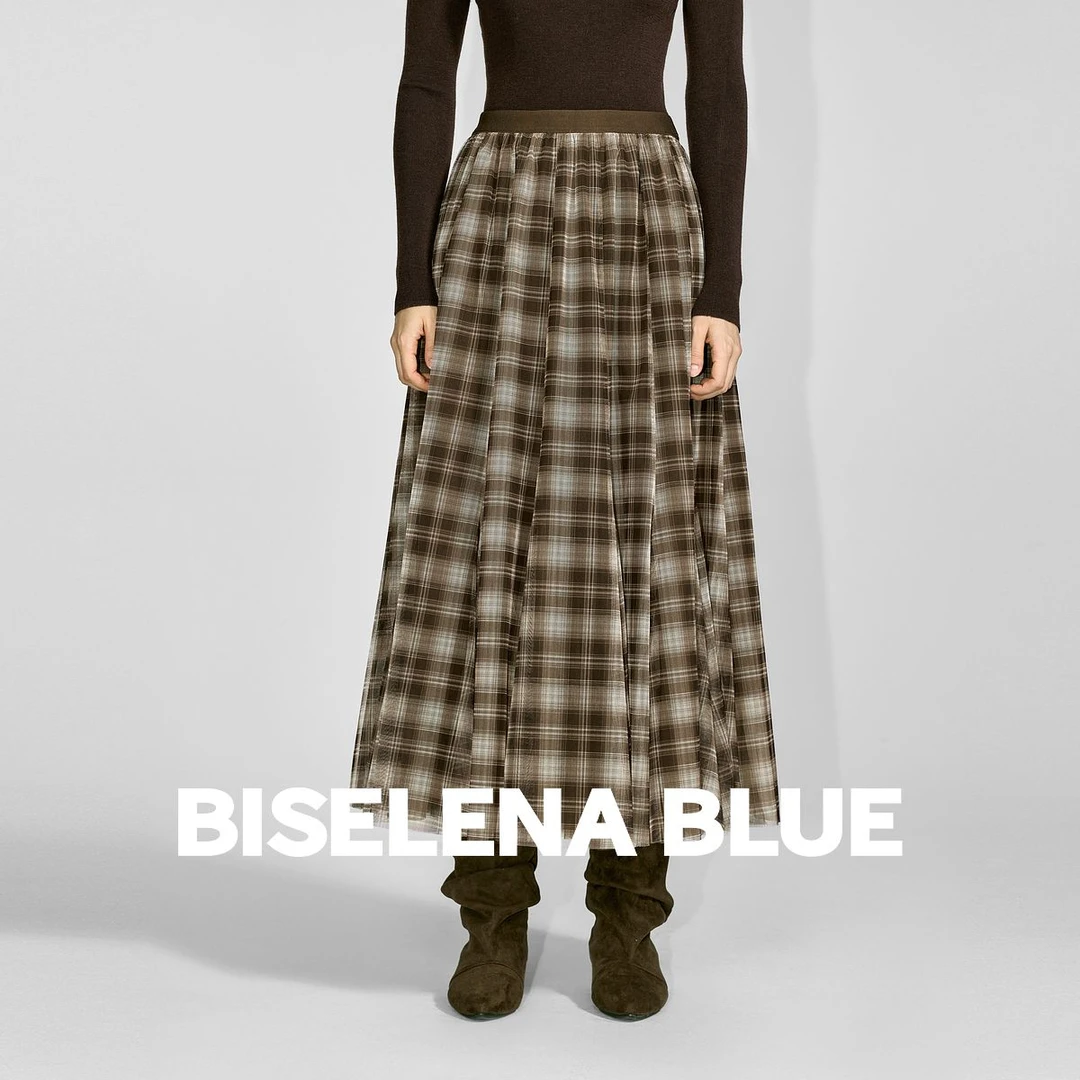 贝茜妮复古格纹A字插片大裙摆网纱半身裙2025冬季新款-B57Q03822