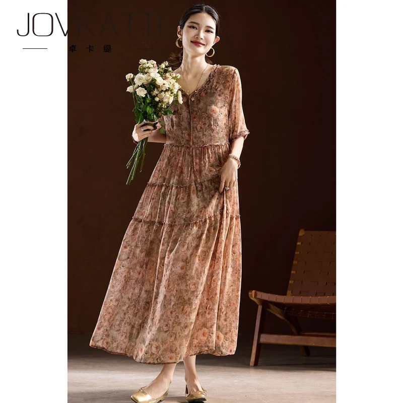 Jovkatti时尚碎花雪纺连衣裙女2025年夏季新款V领长裙大码女装