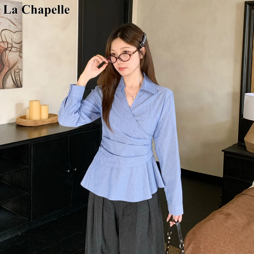 拉夏贝尔秋冬季时尚洋气大码胖MMT恤上衣韩系收腰显瘦条纹衬衫女