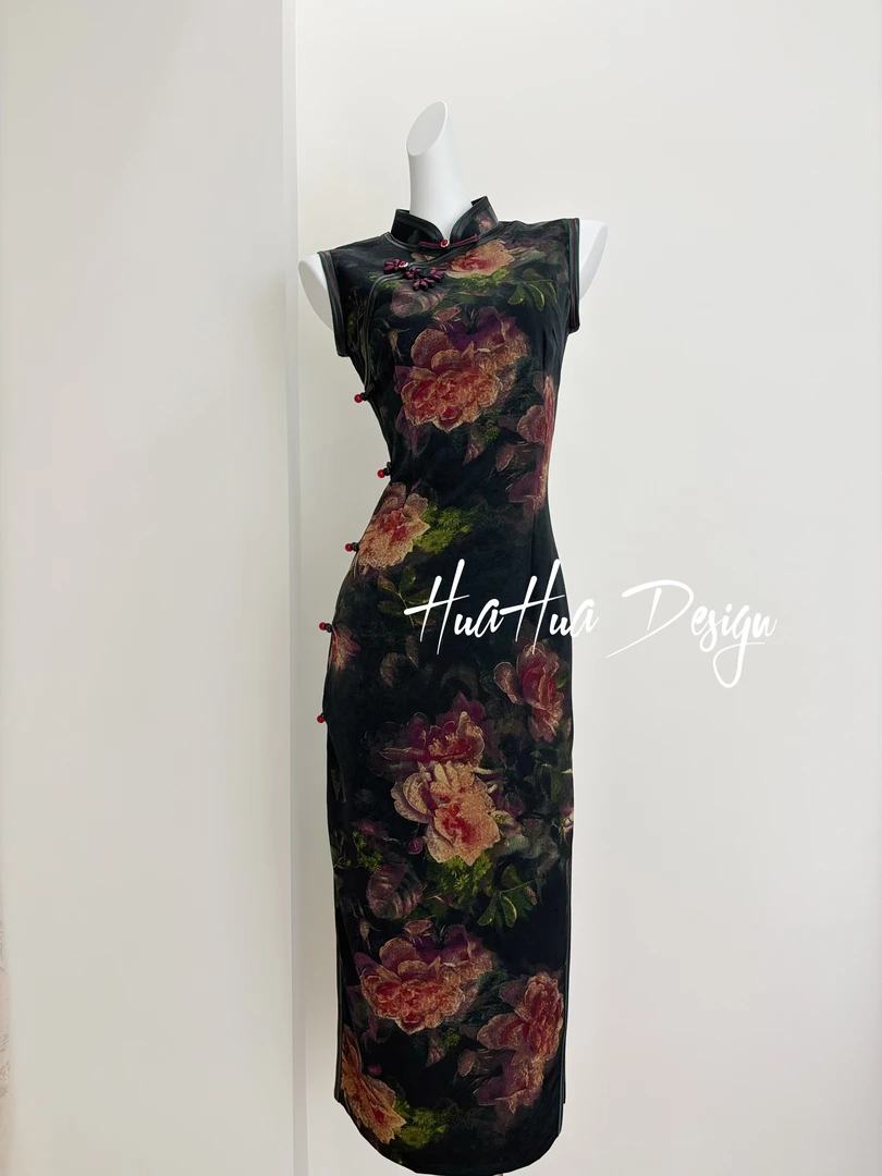 【红袖飞花】油画文艺植物花卉低领日常旗袍时尚显瘦气质长120