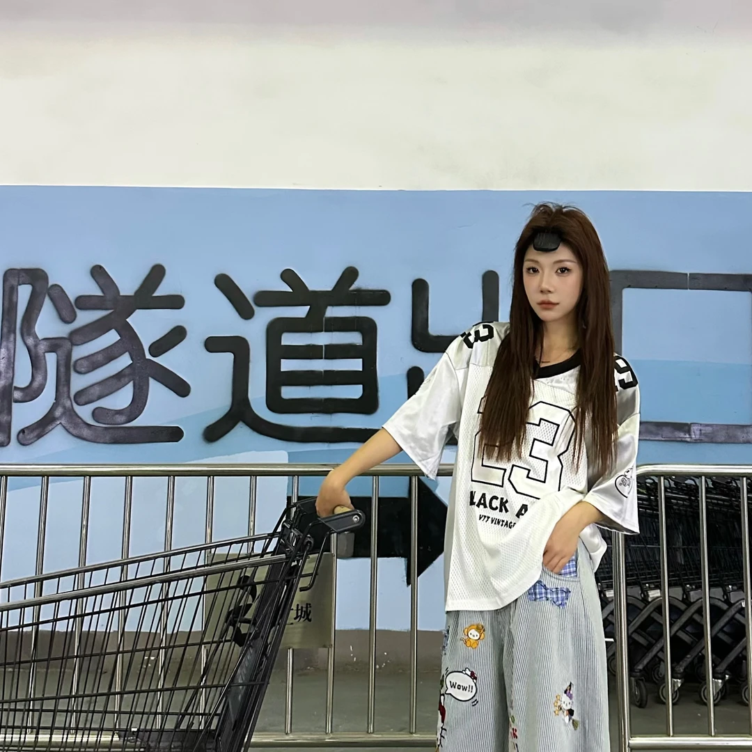 【23号贝小蒂银白短袖】小众设计短袖街头撞色拼接网 面白色球服