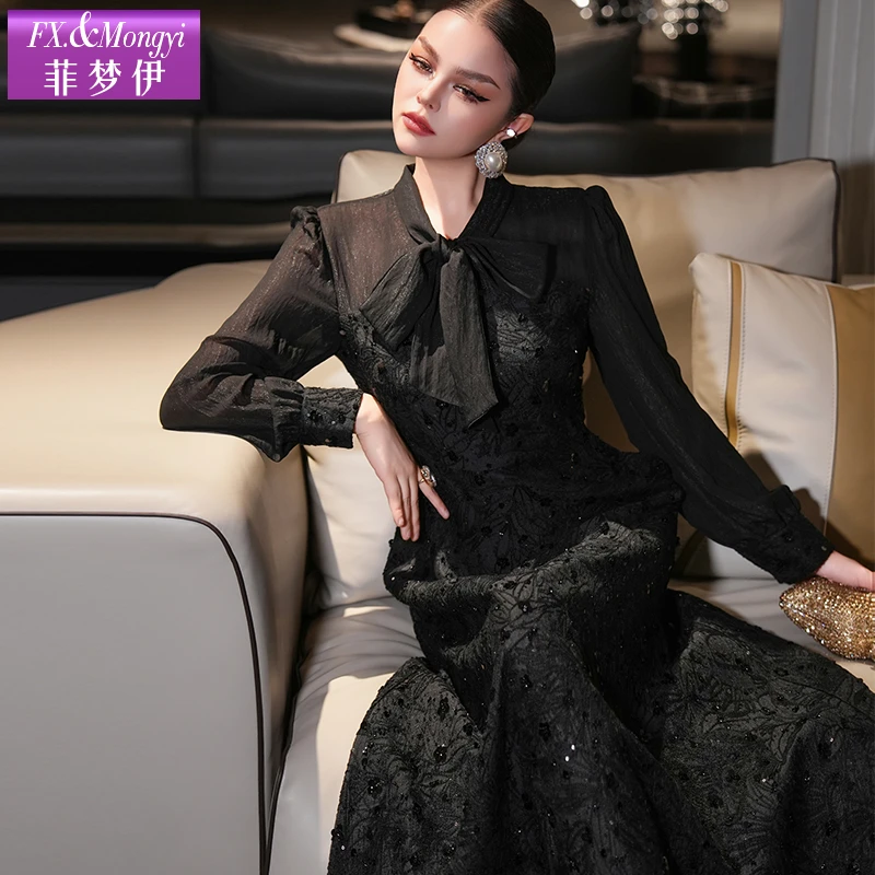 菲梦伊秋冬气质长袖法式新款黑色高贵优雅显瘦时尚连衣裙65979