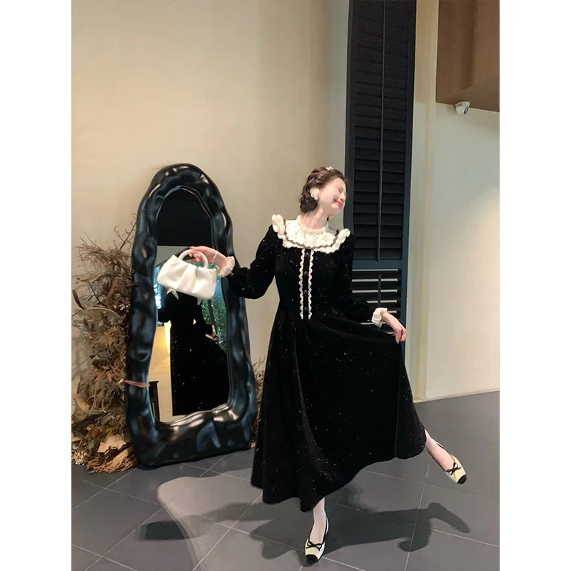 现货 一生罗曼【黑色圆舞曲】法式休闲气质高级黑色秋冬连衣裙L1492