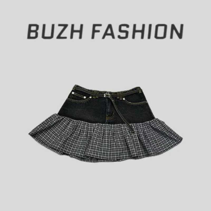 BUZH夏季新款新色格子拼接西班牙小众牛仔拼接半裙带打底裤